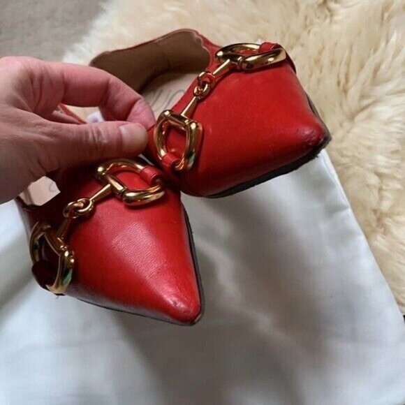GUCCI Deva Red Lamb Leather Point Toe Horsebit Silver Chain Ballet Flats 35 - Picture 6 of 12